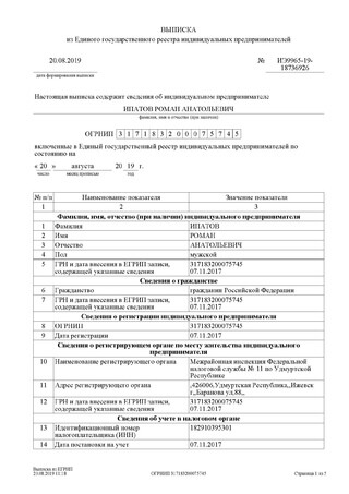 Выписка из ЕГРИП Выписка из ЕГРИП (стр.1) - фото